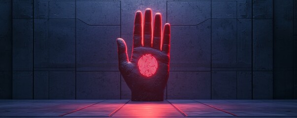 Futuristic hand sculpture glowing with red light against a dark background.