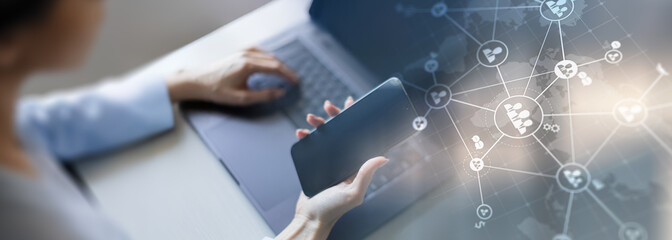 Global Business Networking and Communication Visualized on a Futuristic Digital Interface.