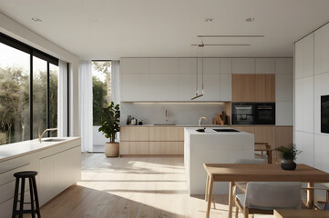 Fototapeta premium Modern Minimalist Kitchen Interior with Natural Light and Wooden Accents
