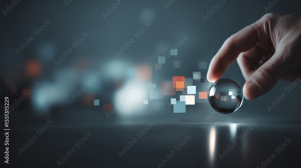 Poster closeup of a hand holding a glowing glass orb with soft light and abstract background, symbolizing c