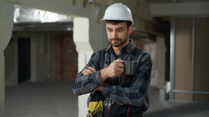 Thoughtful Caucasian man builder civil engineer think planning building construction ponder guy...