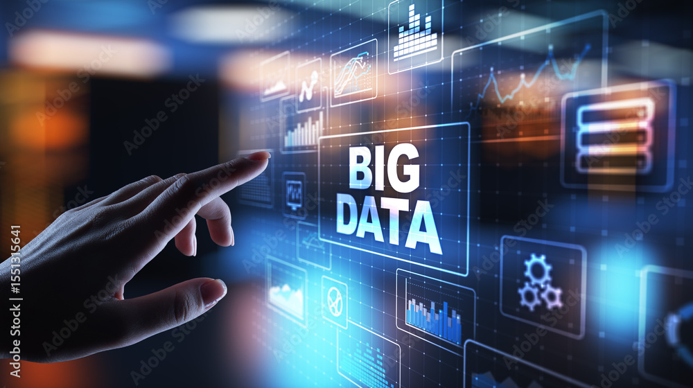 Sticker big data analytics platform, business intelligence and modern technology concept on vitual screen.