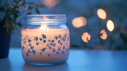 Illuminated glass jar candle with delicate blue floral pattern glowing softly against a twilight background perfect for product mockup