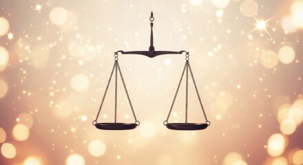 Scales of justice are centered against a golden bokeh background