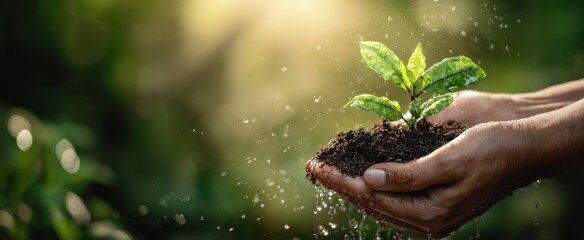 Fototapeta premium The Growing Plant Nurtured by Hands in Vibrant Natural Light