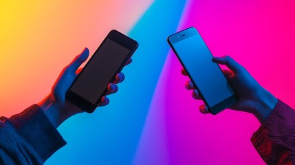 Image composition material for people holding smartphones with both hands on a vibrant gradient background