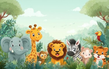 Cartoon jungle animals in a lush forest