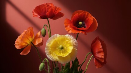 Vibrant red and yellow poppies in sunlit still life against dark background