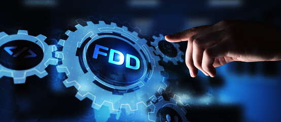 Feature-Driven Development FDD Icons and Workflow in a Digital Interface.