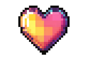 Colorful pixel heart in vibrant shades of pink, orange, and yellow designed with a retro 8-bit style. Vector.