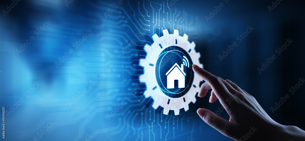 Poster smart home control panel on virtual screen. iot and automation technology concept.