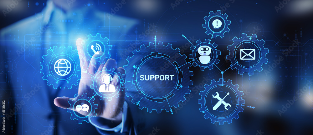 Aufkleber support button on virtual screen. customer service and communication concept.