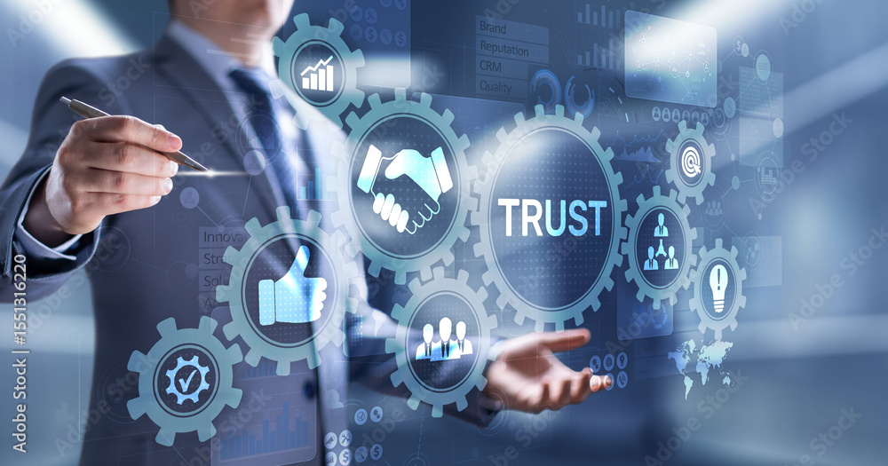 Poster trust customer relations reliability business concept. pointing and pressing on virtual screen.