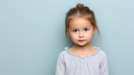 Fototapeta premium Closeup of curious young girl with wide eyes and soft expression against light blue background.