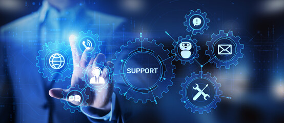 Support button on virtual screen. Customer service and communication concept.