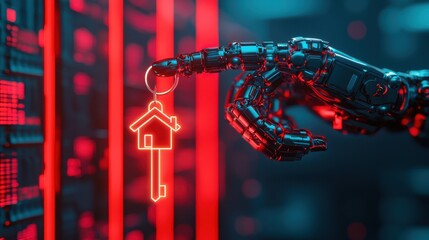 Futuristic robot hand holding an illuminated house key icon in a digital environment.