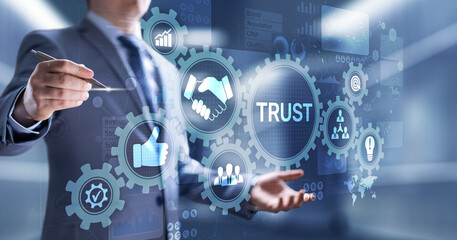 Obraz premium Trust customer relations reliability business concept. Pointing and pressing on virtual screen.