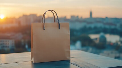 Kraft paper bag with sunset city view product packaging branding mockup natural light