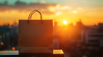 Kraft paper bag with sunset city view product packaging branding mockup natural light