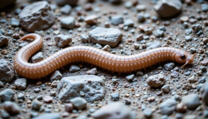 Obraz premium Close-up of a brown earthworm on rocky soil surface showcasing detailed texture, natural environment, moist ground, organic matter, small stones, and earthy tones