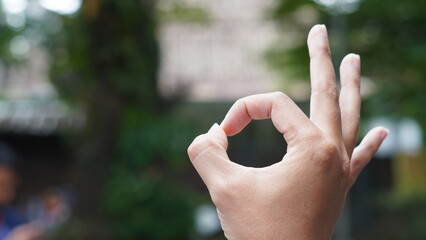 Close-up of a hand making an OK sign with fingers, isolated against a soft, blurred nature...