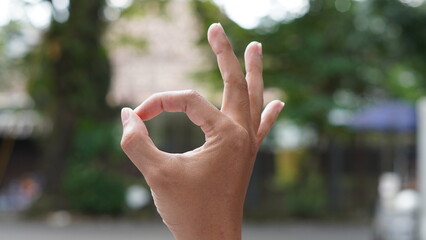Close-up of a hand making an OK sign with fingers, isolated against a soft, blurred nature...