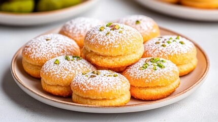 A beautifully arranged plate of soft, powdered sugar-dusted pastries garnished with pistachios, perfect for use in food blogs, recipe books, or dessert menus to enhance appetizing visuals,
