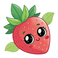 Obraz premium Cartoon Red Strawberry with Big Eyes and Green Leaves on White Background