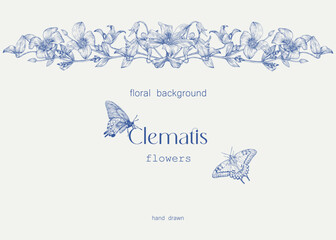 Toile Vector vintage floral border, blue beige. Clematis flowers, leaves, butterflies, engraved elements. Hand drawn illustration. Background for design greeting card, wedding decor, invitation, gift