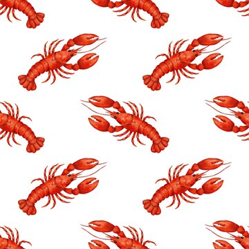 Seamless pattern with watercolor red lobster. Perfect for culinary projects, packaging design, menus or printed materials.