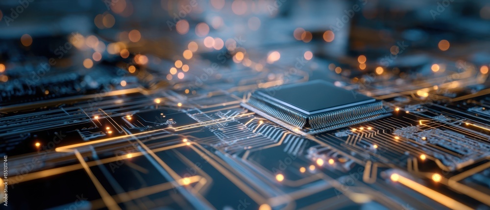 Poster the intricate design of a microchip on a glowing circuit board.