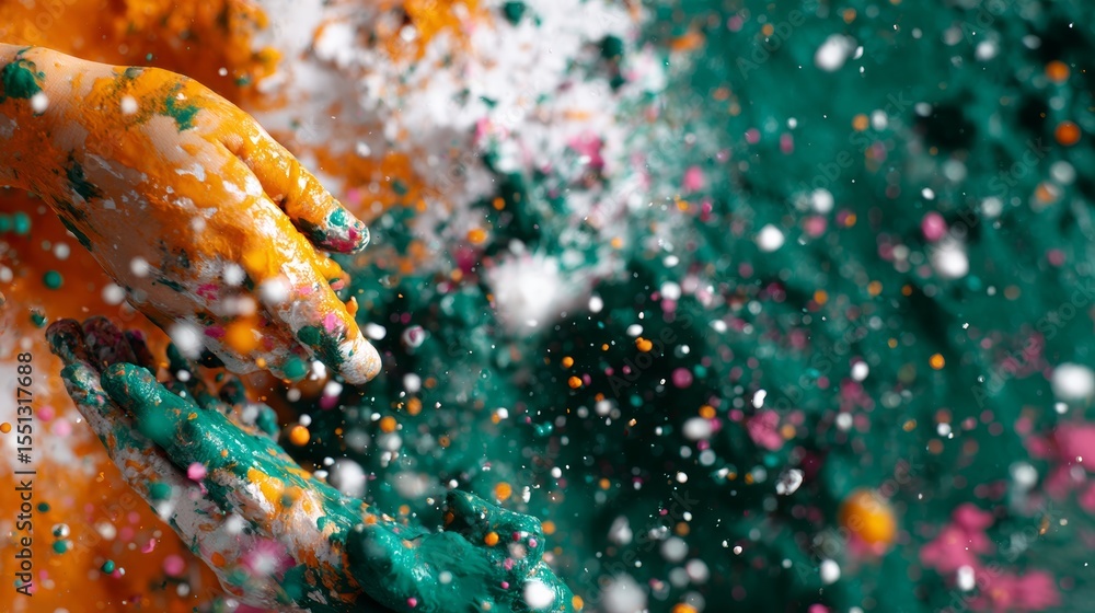 Poster vibrant hands creating abstract art with colorful paints on canvas, expressive closeup of artistic s