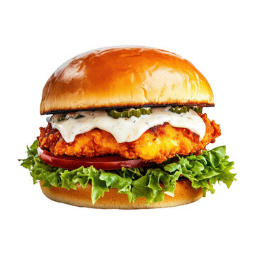 Crispy fried chicken burger with sauce isolated on transparent background