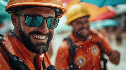 This vibrant image showcases two smiling rescue workers in orange rain gear, capturing their joy and camaraderie against a backdrop of colorful umbrellas in the rain.
