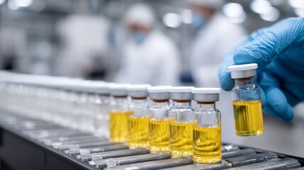 Closeup of gloved hand inspecting rows of medical vials containing yellow liquid on conveyor belt in sterile pharmaceutical factory lighting, futuristic production environment.