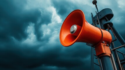 A bright orange megaphone stands out against an imposing stormy sky, symbolizing communication and urgency in a visually striking and dramatic manner.