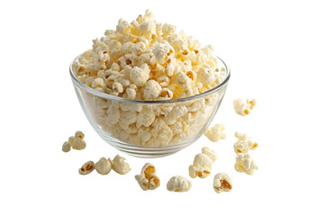 A clear bowl filled with white popcorn and some scattered around on a black background close up shot