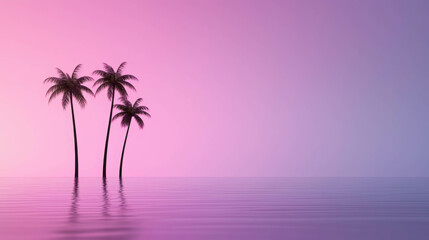 Naklejka premium Tranquil Sunset over Serene Waters with Silhouetted Palm Trees and Soft Reflected Colors in Gradients of Pink and Purple in a Peaceful Landscape
