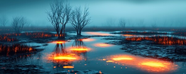 Mysterious landscape with glowing waters and silhouetted trees in a foggy atmosphere.