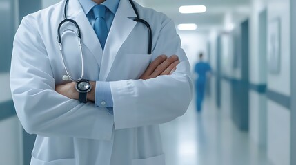 Male doctor with stethoscope in hospital half body visible concept of healthcare service trust medical support
