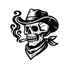 Cowboy Skull Smoking Vector, Western Skeleton Clipart, Skull with Hat and Cigarette