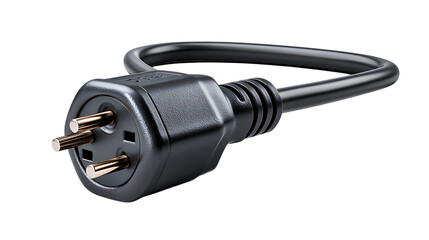 Close up of a black three prong electrical power plug with copper pins isolated on transparent background