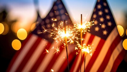 Close-up of sparklers glowing at twilight, with blurry American flags in the background and soft festive bokeh