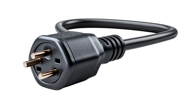 Close up of a black three prong electrical power plug with copper pins isolated on transparent background