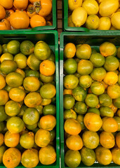 Top view of fresh citrus fruits and persimmons in green crates at grocery market, vibrant natural food background