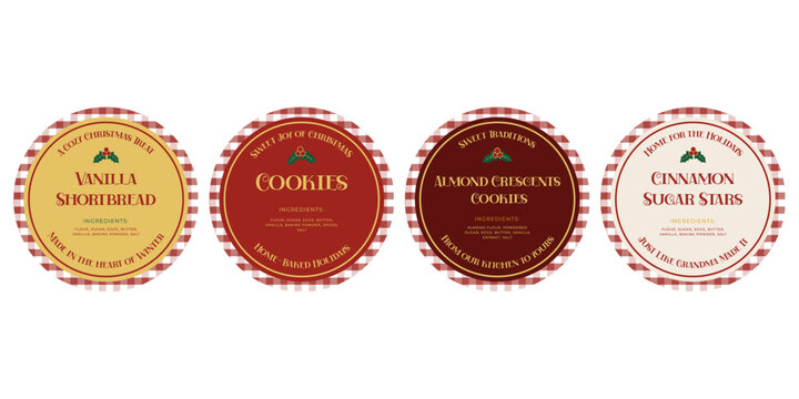 Set of round Christmas vintage Labels in homemade style. Good for bakery boxes, handmade sweets, festive tags, printable product packaging