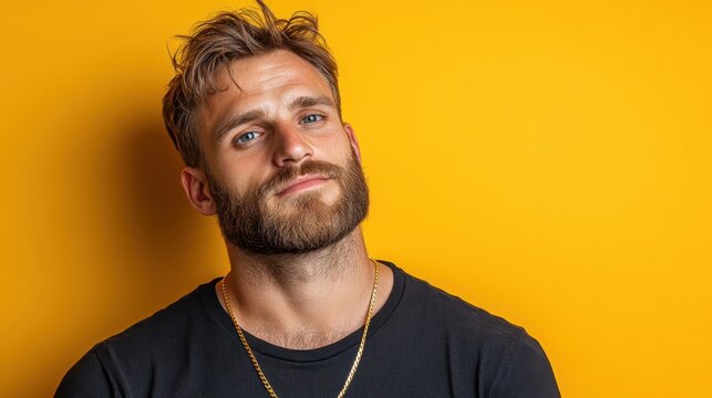 A confident young man with a well-groomed beard and casual attire smiles against a bright yellow background, embodying vibrancy and positivity.