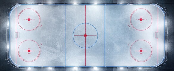The ice hockey rink ready for action in a competitive arena setting.
