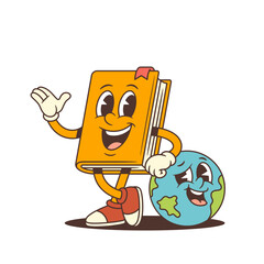 Cheerful yellow book mascot with red shoes and bookmark leaning on globe and gesturing with hand in fun cartoon style. Perfect for education and global learning concepts. Vector illustration