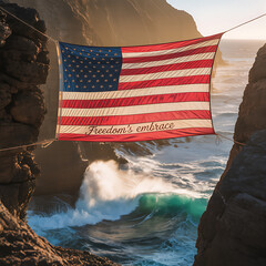 An american flag hangs between two cliffs overlooking a powerful ocean wave at sunrise, with the words freedoms embrace written on the flag